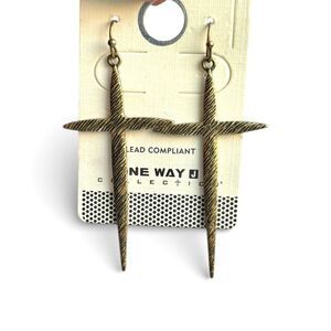 NWT Womens One Way Collection Burnished Gold Textured Cross Dangle Earrings